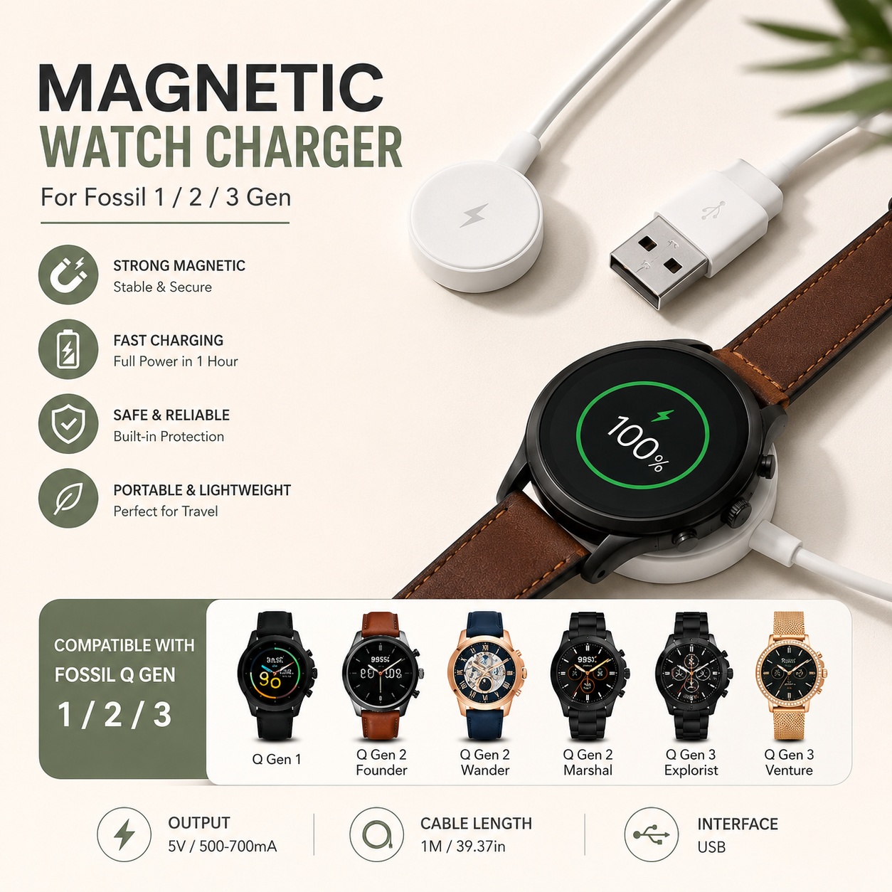 Fossil Smartwatch Accessories - USB-horloge-opladeradapter Smartwatch-oplaadkabel Dockvervangende accessoires voor het